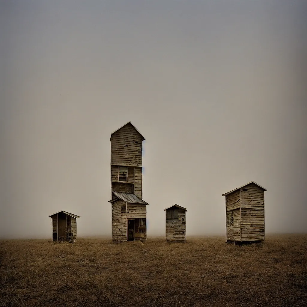 Prompt: two towers, made up of stacked makeshift squatter shacks with bleached colours, plain uniform sky at the back, misty, mamiya, shallow depth of field, ultra sharp, very detailed, photographed by julie blackmon