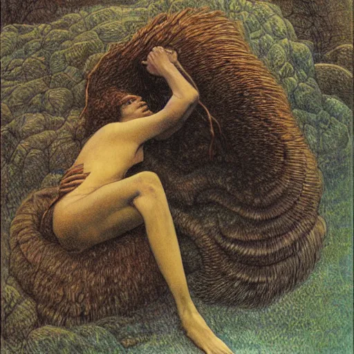 Image similar to gloomy by robert kirkman, by carlos schwabe. a beautiful art installation of a snake eating its own tail that seems to go on forever.