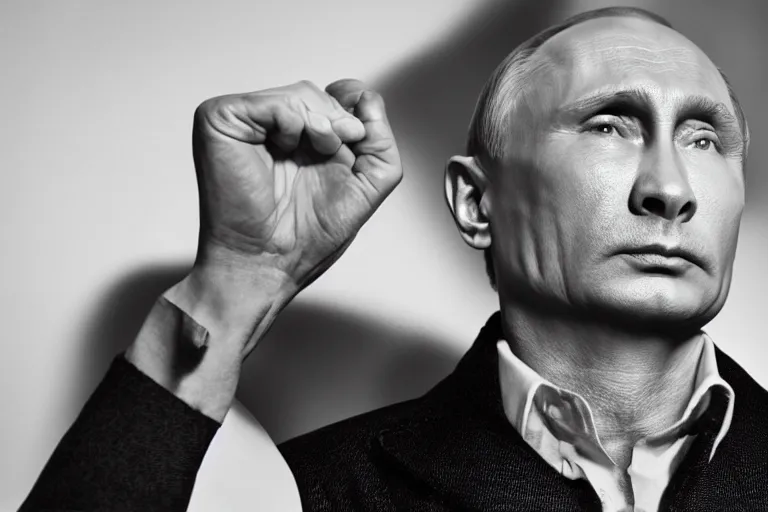 Image similar to a medium low angle shot of Vladimir putin sitting in squat position, looking at the camera, lit from below, editorial fashion photography, 8k, black background