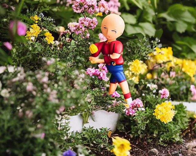 Image similar to 8 5 mm food photography of one punch man near a garden with sand with dof and bokeh and flowers o