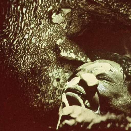 Prompt: photo inside a cavern of a wet reptilian humanoid charles mingus partially hidden behind a rock, with black eyes, open mouth and big teeth