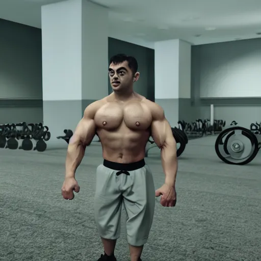 Image similar to Mr. Bean as an overly muscular, testosterone filled, crazy-eyed bodybuilder chad, fullbody, fashion photo, unreal engine