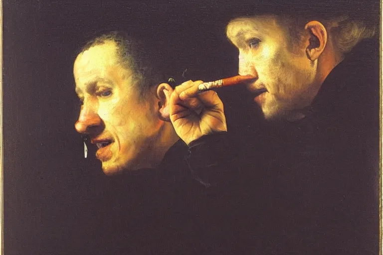 Prompt: rembrandt painting of chester bennington smoking a cigarette and driving a ford focus while hes really depressed and probably listening to robin williams on sirus xm radio and its night time around 11 at night or something like that and maybe his kid is in the back of the car crying about mcdonalds hamburger