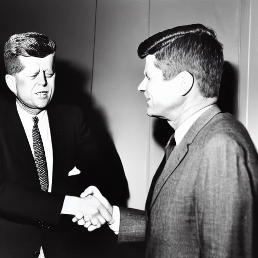 Image similar to black and white photo of president kennedy shaking hands with an alien