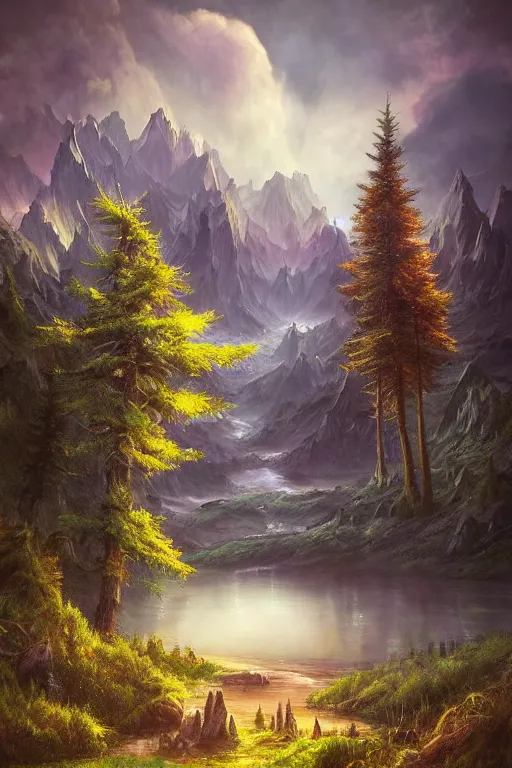 Image similar to beautiful matte painting style dark academia, whimsical art fantasy path mountains and meadow in the background near a lake reflecting the trees, atmospheric lighting, painted, intricate, volumetric lighting, beautiful, rich deep colors masterpiece, sharp focus, ultra detailed by