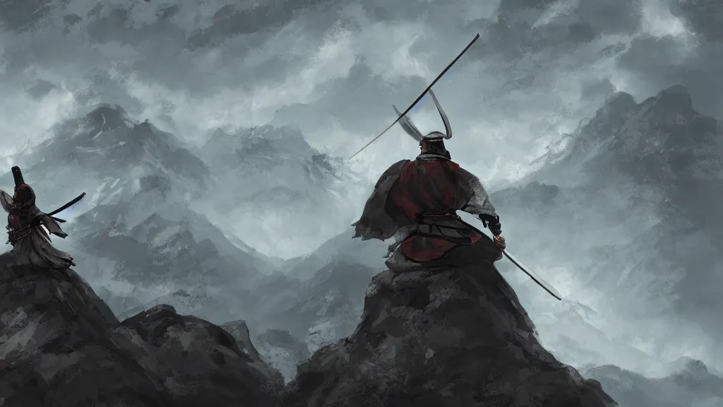 Prompt: samurai standing at the peak of a mountain, japanese style, majestic, digital painting, cinematic lightning, highly detailed, trending on artstation