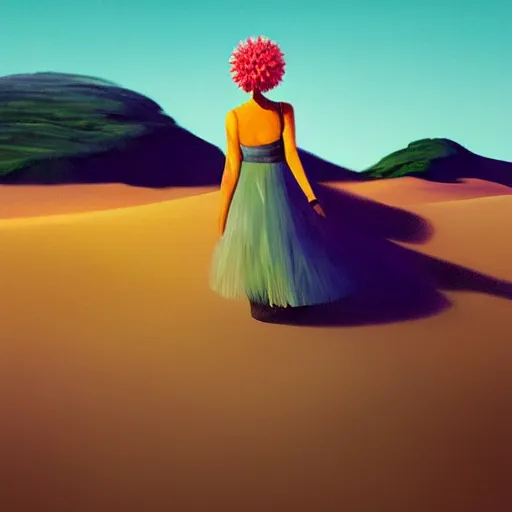 Image similar to portrait, giant dahlia flower head, girl walking between dunes, surreal photography, sunrise, blue sky, dramatic light, impressionist painting, digital painting, artstation, simon stalenhag