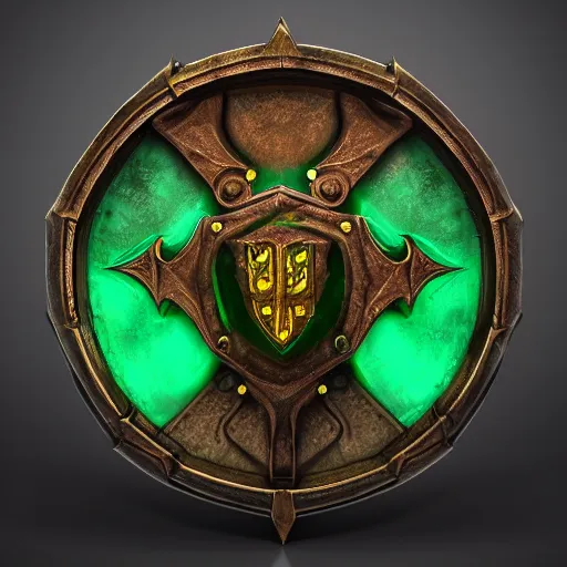 Image similar to green medieval shield, powerful fantasy epic legends, game icon stylized, digital illustration radiating, a glowing aura, global illumination, ray tracing, 8 k high definition, intricate details, octane render, unreal engine, trending on arstation