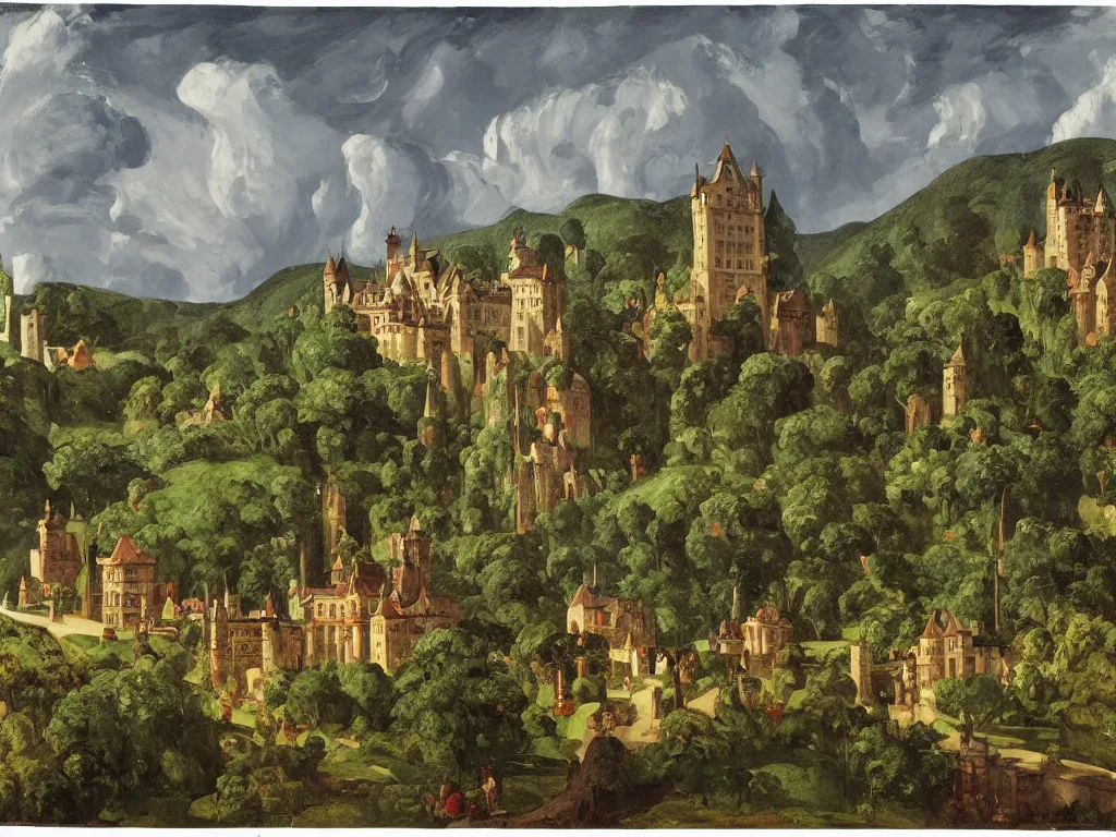 Prompt: highly detailed castle and surrounding village, panorama, thunderstorm, foliage, knights, people by Edward Hopper, David Hardy and Ernst Haeckel