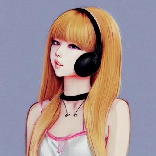 Image similar to realistic beautiful gorgeous natural cute Blackpink Lalisa Manoban blonde hair cute fur blonde cat ears, wearing camisole, wearing headphones, wearing black leather choker artwork drawn full HD 4K highest quality in artstyle by professional artists WLOP, Taejune Kim, Guweiz on Artstation Pixiv