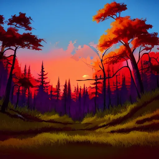 Prompt: anime gouache background , forest sunset