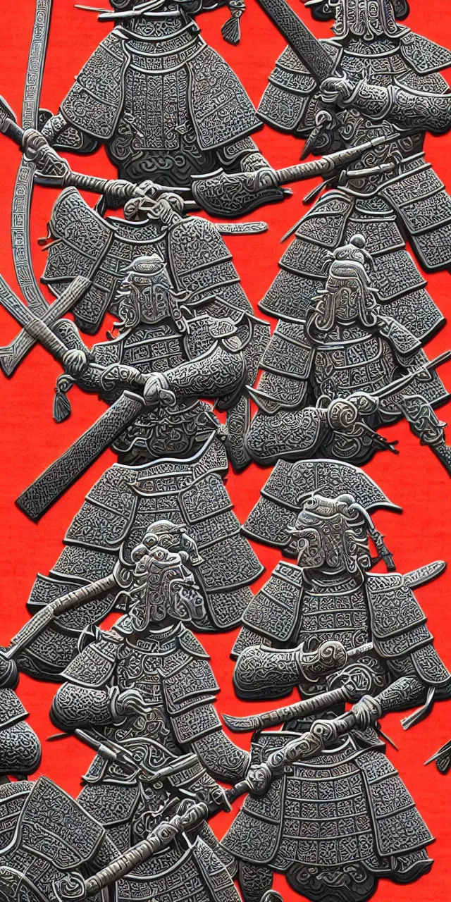 Image similar to detailed photorealistic ancient han chinese warriors soldiers army ⚔ 🪖 ⛩ with traditional chinese engravings and ornamentation on armour and weapons, and shining metallic 3 d surfaces, mandarin calligraphy, traditional chinese war shields and armour, wide angle, 3 d