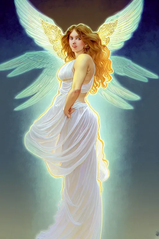 Prompt: fullbody portrait of a beautiful young fit woman angel with curly blond hairs, soft smile, closed eyes, blessing palms, dressed in long fluent skirt, majestic symmetrical eagle wings, luminous halo, by greg rutkowski and alphonse mucha, gradient white to gold, in front of an iridescent background, highly detailed portrait, digital painting, smooth, glowing outline, focus illustration