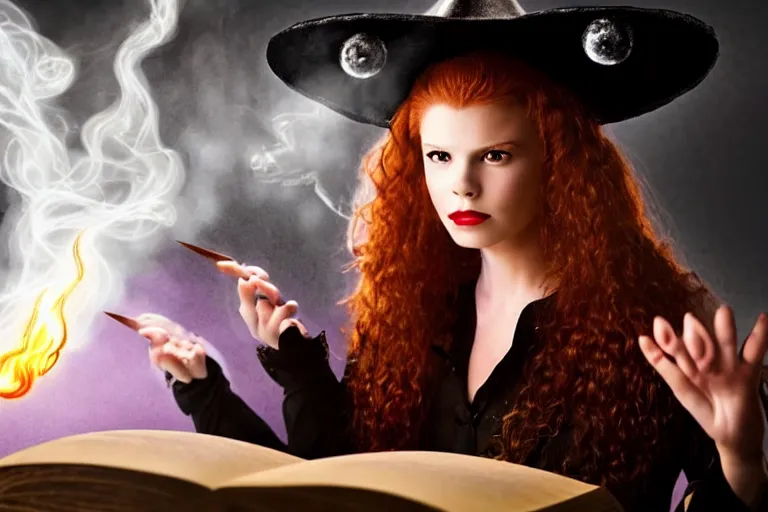 Image similar to close up portrait, dramatic lighting, teen witch casting a spell over a large open book on a table with dynamic action, cat on the table in front of her, sage smoke, a witch hat cloak, apothecary shelves in the background, still from tim burton movie,