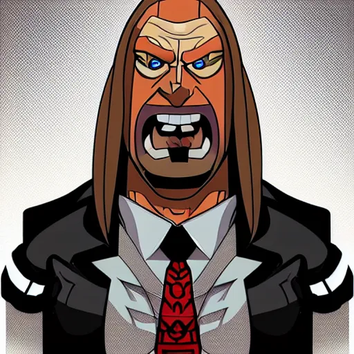 Image similar to Head-to-shoulder shot of a Triple H vinyl figure as a villain, Disney, Triple H, wrestling, WWE, Disney style, 2d, Disney 2d animation, digital 2D animation, traditional animation, Disney style, Disney animation, Deviantart, very coherent symmetrical artwork, artstation, villain, brightly colored