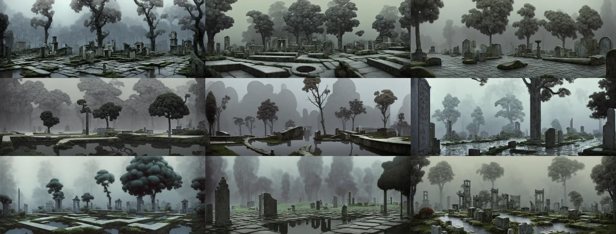 Prompt: a gorgeous bleak spring landscape painting by barlowe wayne maxfield parrish and marco mazzoni. rainy mood. traditional huizhou architecture. just one chinese tombstone. grey blue and very little light verdancy. wet winding stone steps. ultra clear detailed. 3 d, octane render. turbulent blood lake. fog, 8 k