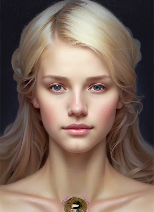 Image similar to beautiful feminine face! portrait of young woman blessed by god with ever - increasing physical and mental perfection, blonde hair, symmetrical! intricate, elegant, highly detailed, vision of holy perfection!! smile, digital painting, artstation, concept art, smooth, sharp focus, illustration, art by artgerm and greg rutkowski and alphonse mucha