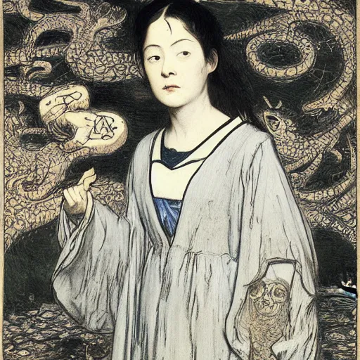 Image similar to by millais, painting of victorian yokai, 8 k, highly detailed,