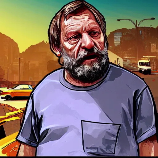 Prompt: Slavoj Žižek in the style of gta v artwork, digital art