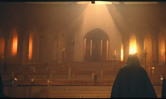 Image similar to a cultist ceremony, cultists with robes and masks, church interior, satanic church interior, the fog. horror lighting, found footage