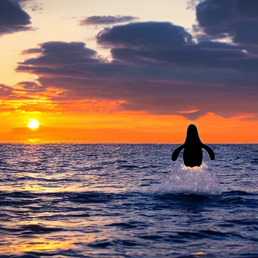 Image similar to big penguin in the middle of the sea, sunset, 4k, sharp, detailed