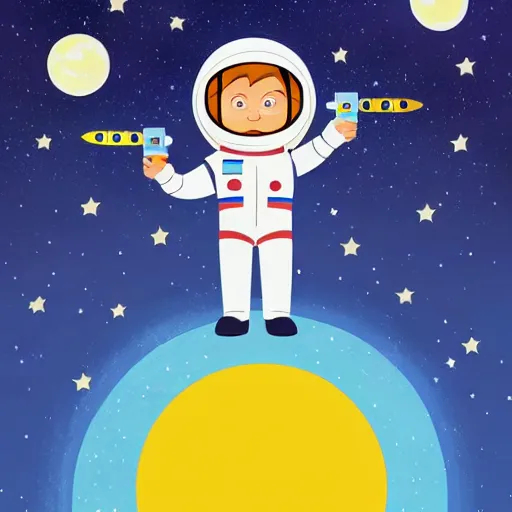 Image similar to cartoon astronaut floating around the moon with a rocket ship and shooting stars in the background, children's book illustration, highly detailed, high quality, bright colors,