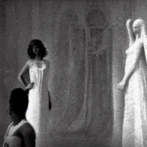 Image similar to a human figure is standing in the center of a room. the figure is wearing a white dress and has long, flowing hair.