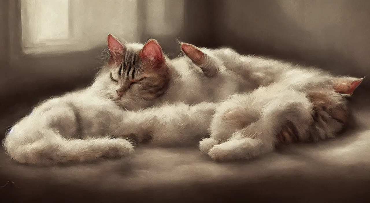 Prompt: A sick cat laying in a bedroom, digital art, hyper realistic, artstation