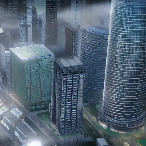 Image similar to canary wharf, screenshot from simcity pc game, ue 4, raytracing, volumetric fog resolution, ambient occlusion, anisotropy, shadow resolution, texture quality high, chromatic abberation