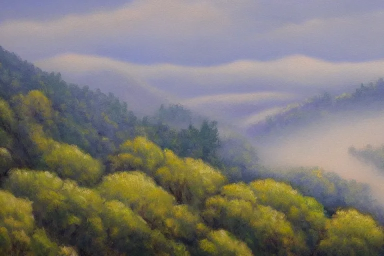 Image similar to masterpiece painting of oak trees on a hillside overlooking a foggy valley, by marion wachtel