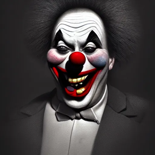 Prompt: a portrait of pogo the clown, hyper realistic, octane render, by barlowe. masterpiece portrait painting. dark, moody,, abstract brush strokes,.