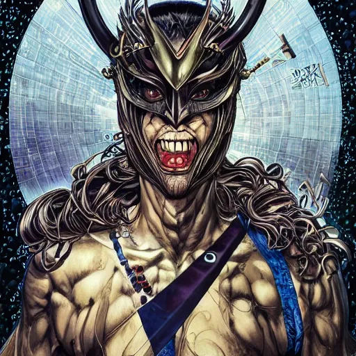 Prompt: portrait of crazy loki, symmetrical, by yoichi hatakenaka, masamune shirow, josan gonzales and dan mumford, ayami kojima, takato yamamoto, barclay shaw, karol bak, yukito kishiro