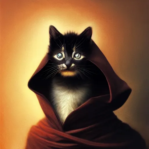 Image similar to a portrait of a kitten wearing a black hood, cloak covering face, anatomically correct, beautiful perfect face, enigmatic, oil painting, matte, black background, Volumetric dynamic lighting, Highly Detailed, Cinematic Lighting, Unreal Engine, 8k, HD, by Beksinski