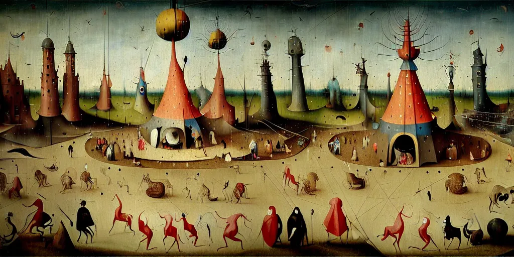 Prompt: a beautiful painting of an elaborate circus by hieronymous bosch and beeple