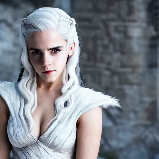 Image similar to Emma Watson full shot modeling as hot Daenerys Targaryen From Game of Thrones, (EOS 5DS R, ISO100, f/8, 1/125, 84mm, postprocessed, crisp face, facial features)