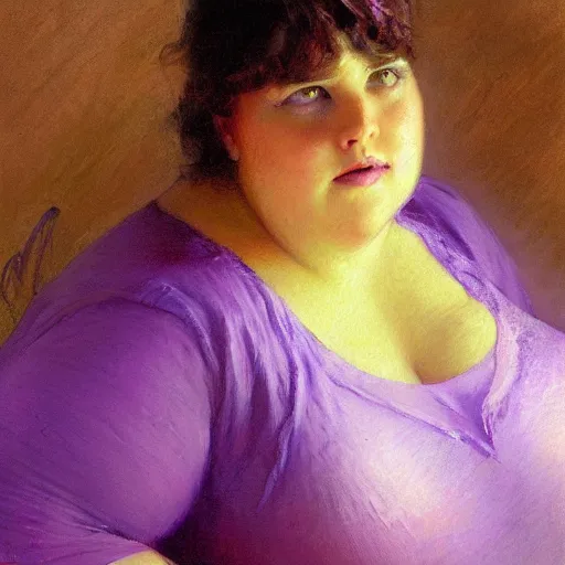 Image similar to a woman in a purple shirt with a fat body type, painting by Gaston Bussiere, Craig Mullins