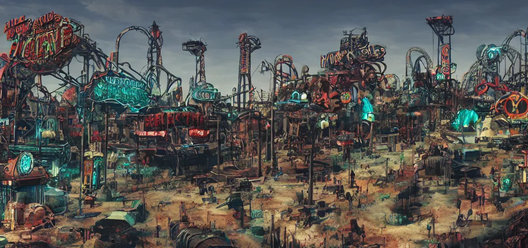 Prompt: fallout amusement park concept art, black background, vibrant colors, 8 k photorealistic, hd, high details, trending on artstation