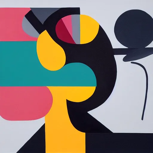 Image similar to A painting of person talking on the phone, abstract painting in the style of Sophie Taeuber-Arp and Gary Hume and Tatsuro Kiuchi, flat colour-block style, geometric abstraction, deep colours