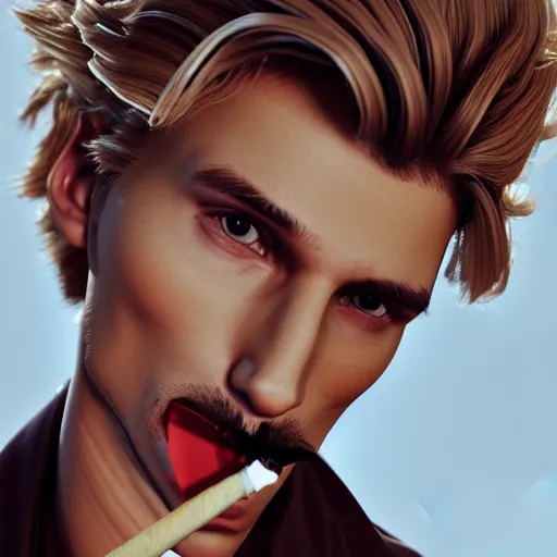 Image similar to a closeup photo of handsome gigachad xqc smoking a cigar, 8k photorealism, extremly detailed, trending on artstation