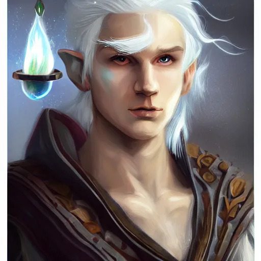 Image similar to Beautiful white haired aged fair skinned scholar elf with spell scroll and lightning background, realistic eyes, full body, symmetrical, realism, digital painting, detailed artwork, portrait, mythical, artstation, high quality