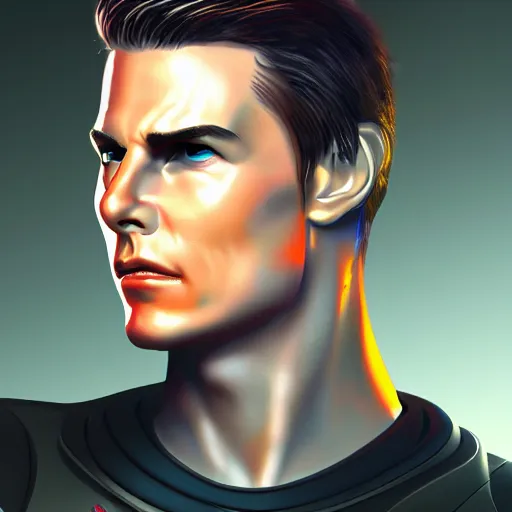 Image similar to cyberpunk robotic version of a tom cruise replica android, sharp lines, digital, artstation, colored in