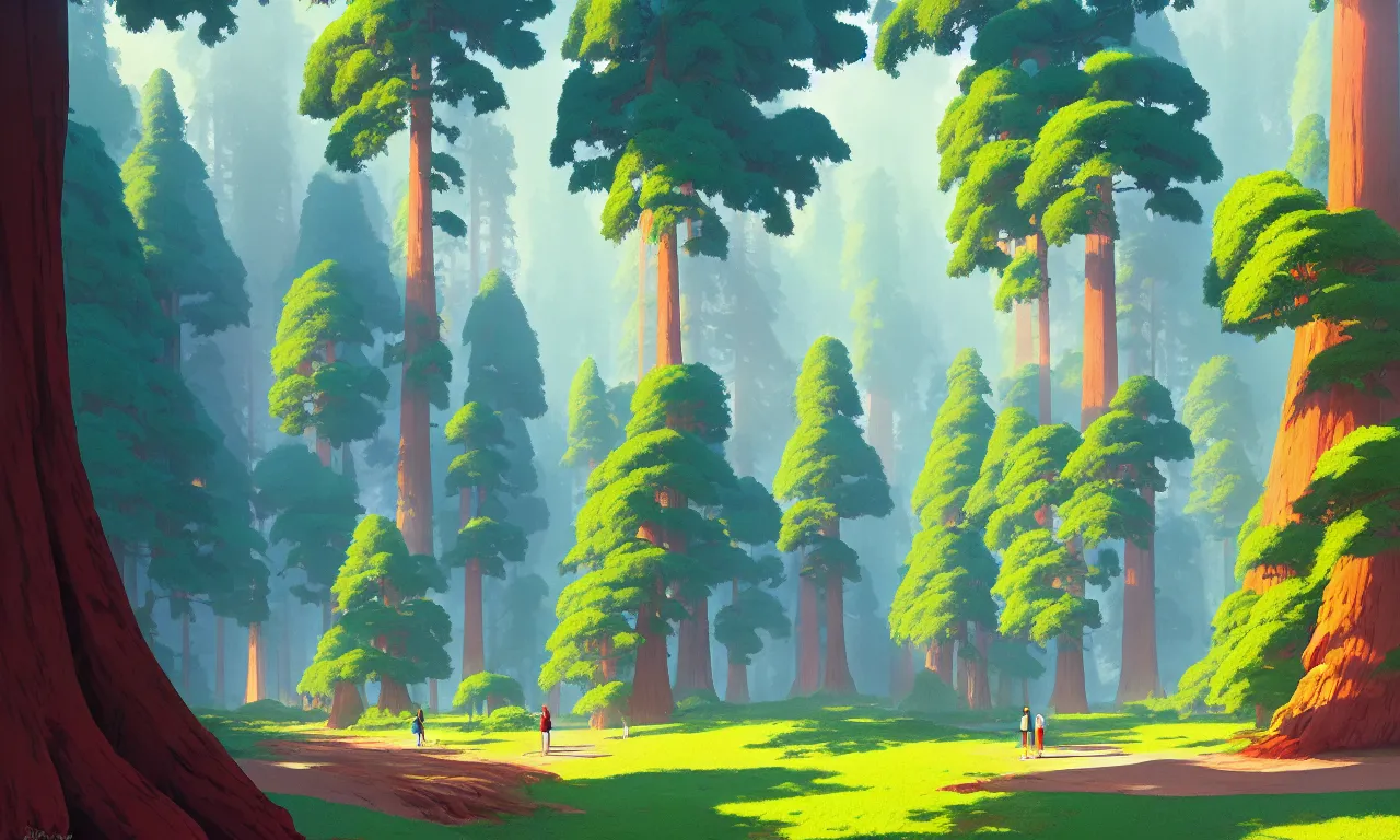 Image similar to Sequoia park in a colorful moutain with beautiful trees , no people, morning, by studio ghibli painting, superior quality, masterpiece, traditional Japanese colors, by Grzegorz Rutkowski, concept art