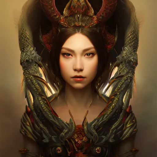 Prompt: very stunning portrait painting of a dragon goddess, in the style of WLOP, 8k masterpiece, cinematic lighting, pristine clean design, fantasy, insanely detailed, atmospheric, octane render