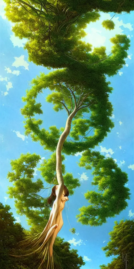 Image similar to a thin tree with an extremely long trunk and spherical canopy, viewed from below, perspective, fantasy digital painting by artgerm and leyendecker, surreal, photorealistic