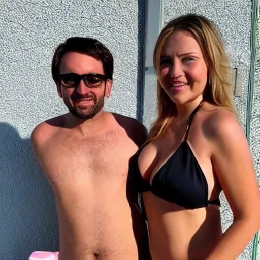Image similar to photo of a 4 0 year old man that looks young for his age dating a very attractive 2 2 year old woman wearing a bikini. they are at a subrban house.