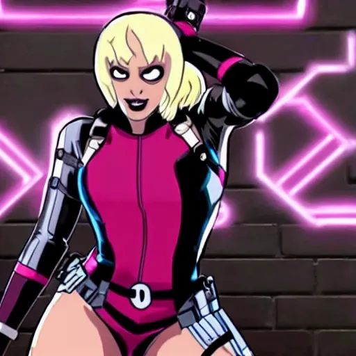 Image similar to A still of Gwenpool in Deadpool 3 (2023), no mask, blonde hair with pink highlights