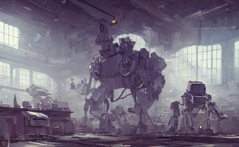 Image similar to a huge broken robot standing in a mess warehouse, crystal lights, sci - fi atmosphere, cel - shading, cinematic, artstation, studio ghibli, miyazaki, highly details