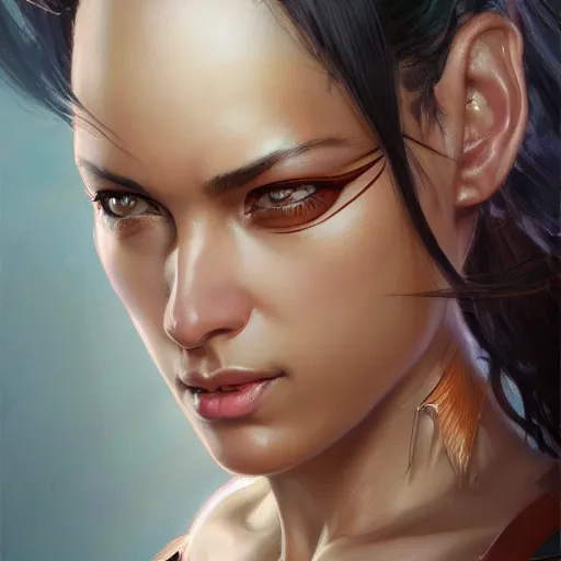 Image similar to beautiful, strong, mixed race, female, aged 4 0, face, head shot, fantasy, highly detailed, digital painting, artstation, concept art, smooth, sharp focus, illustration, art by artgerm and greg rutkowski and alphonse mucha