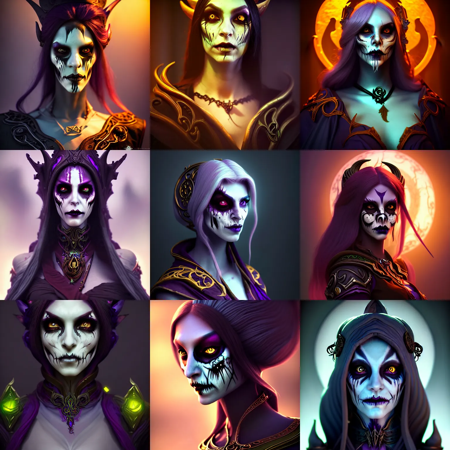 Image similar to portrait of a female undead warlock, warcraft, humanoid character, beautiful, focused, elegant, art nouveau, dnd, sinuous, fantasy, mystical, magical aesthetics, illustration, photorealistic, soft lighting, unreal engine, matte painting, 4 k,