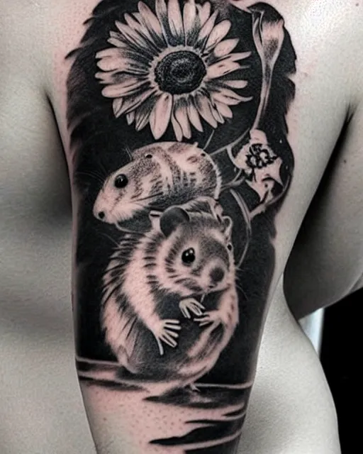 Prompt: creative double exposure effect tattoo design sketch of a hamster with a sunflower, realism tattoo, in the style of matteo pasqualin, amazing detail, sharp